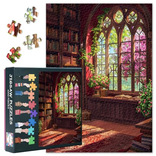 Puzzles für Erwachsene 1000 Teile Bücherregal - Puzzles Phantasie Kunst, 70 x 50 cm Bibliothek Design schwer herausfordernde Puzzle Familienspiel für Männer & Frauen Home Decor (rosa Blumen) von TISHIRON