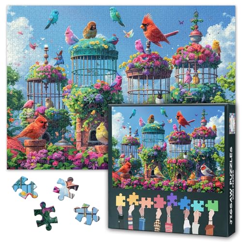 Puzzles für Erwachsene 1000 Teile - Bunte Vögel auf Blumengeschmückten Käfigen Jigsaw Puzzle, Happy & Relaxing Puzzle 1000 Teile mit Premium Artwork für Home Decor Geschenke 27.5"x19.6" von TISHIRON