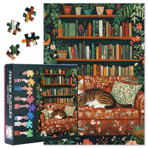 Puzzles für Erwachsene 1000 Teile – Eine Elegante Katze, die vor einem Bücherregal auf dem Sofa liegt 1000-teiliges Puzzle für Erwachsene, anspruchsvolles Puzzle Katzenmotiv 70 * 50 cm von TISHIRON