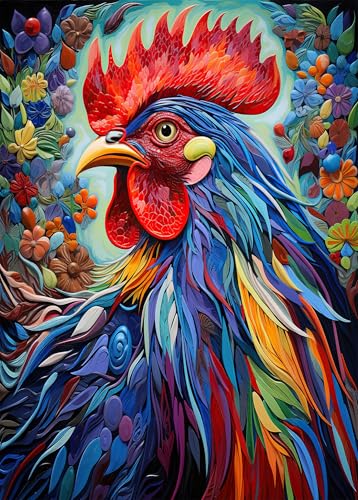 ‌Puzzles für Erwachsene 1000 Teile Farbiger Hahn Kunst Blauer Hintergrund Premium Papier Puzzle Entspannungsaktivität Stressabbau Kreative Wanddekoration 70x50 cm‌ von TISHIRON