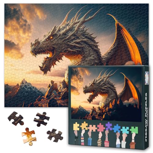 Puzzles für Erwachsene 1000 Teile - Geflügelter Drache Jigsaw Puzzle (70 x 50 cm), Drachenkönig Brüllen herausfordernde Puzzles für Erwachsene, Familienspiel für Männer & Frauen von TISHIRON