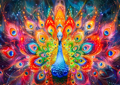 ‌Puzzles für Erwachsene 1000 Teile Psychodelischer Pfau Mit Leuchtenden Federn Surreal Kunst Premium Papier Puzzle Kreatives Geschenk Teens Deko 70x50 cm von TISHIRON