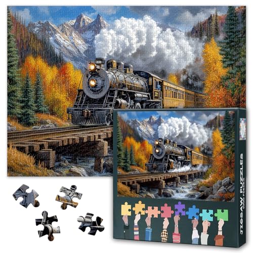 ‌Puzzles für Erwachsene 1000 Teile Vintage Dampflok über Holzbrücke Herbstlandschaft Zug Kunst Premium Papier Puzzle Entspannende Challenge 70x50 cm‌ von TISHIRON