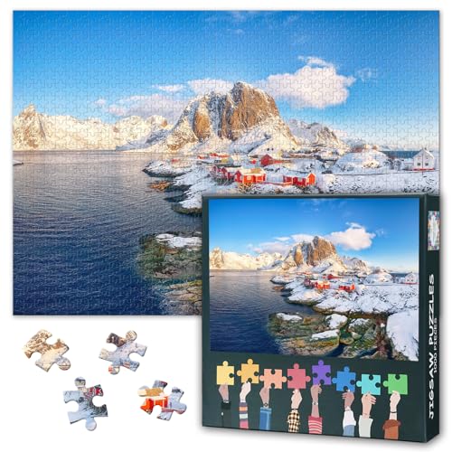 ‌Puzzles für Erwachsene 1000 Teile Winterlandschaft Hamnoy Dorf mit Festhaeltinden Berg Norwegen Premium Papier Puzzle Entspannung für Teens 70x50 cm von TISHIRON