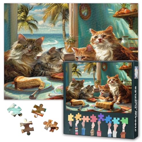 Puzzles für Erwachsene 1000 Teile: DREI Katzen Sitzen an Einem Tisch in Einem Raum mit Meerblick Kunstpuzzle | Herausfordernde 1000 Stück Puzzle für Erwachsene, Home Decor & Entspannung 27.5"x19.6" von TISHIRON