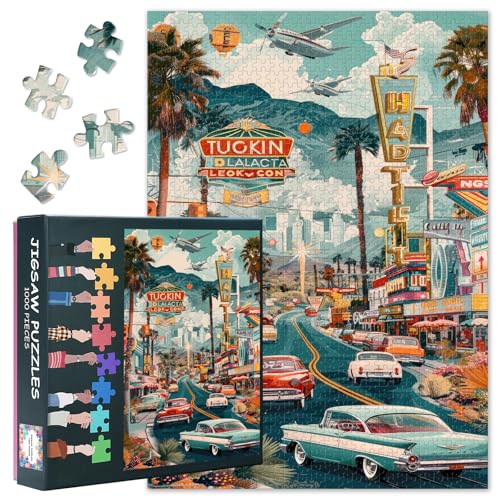 Puzzles für Erwachsene 1000 Teile: Retro Cityscape Art Jigsaw Puzzles | Classic Cars und Palmen Herausfordernde Strand 1000 Stück Puzzle für Erwachsene, Home Decor & Entspannung 27.5"x19.6" von TISHIRON