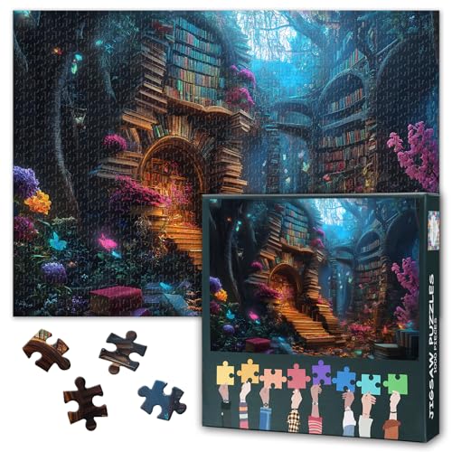 Puzzles für Erwachsene – Fantasy Bibliothek Jigsaw Puzzle 1000 Teile, blühende Blumen-Kunst, schwieriges, herausforderndes Familienpuzzle (70 x 50 cm), einzigartige Wohnraumdekoration von TISHIRON