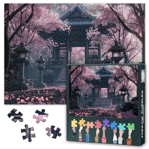 Puzzles für Erwachsene – Kirschblüten-Puzzles mit 1000 Teilen, Tempelkunst, Schwieriges und Herausforderndes Familienpuzzle mit Blumen (70 x 50 cm), Einzigartige Wohnkultur von TISHIRON