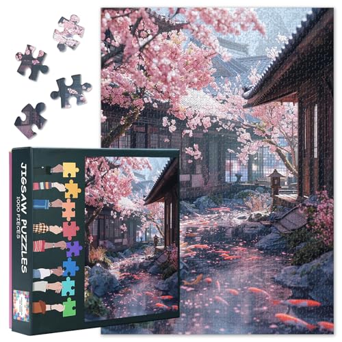 Puzzles für Erwachsene - Kirschblütenpuzzle 1000 Teile, Teiche & Fische Kunst Schweres herausforderndes Familienpuzzle (70 x 50 cm), Einzigartige Heimdekoration (Scenery Series) von TISHIRON