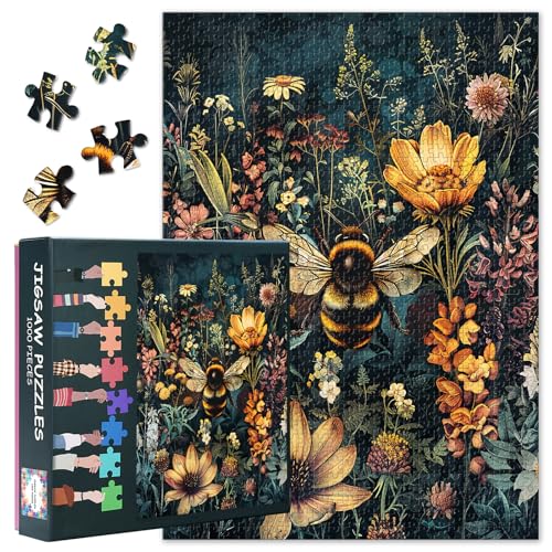 Retro-Landschaft 1000-teiliges Puzzle für Erwachsene, Vintage-Blumenmuster mit Wildblumen und Hummeln, Puzzles 1000 Teile, Unmöglich schwierige Puzzles für Erwachsene, 50 x 70 cm von TISHIRON