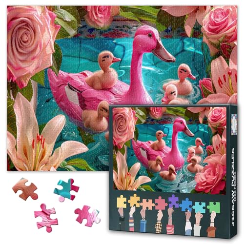Rosa Ente Schwimmen Spielerisch in Einem Garten Pool 1000 Stück Puzzle für Erwachsene: Lilien und Rosen Jigsaw Puzzles - Puzzles für Erwachsene 1000 Teile mit Langlebigen Stücken 70 * 50cm von TISHIRON