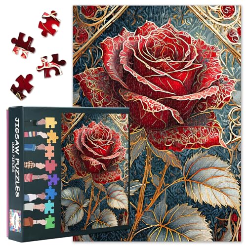 Rosen Design Puzzle 1000 Teile für Erwachsene - Exquisite Rote Blütendekoration, Premium Pflanzenmotiv Puzzle 70x50 cm von TISHIRON