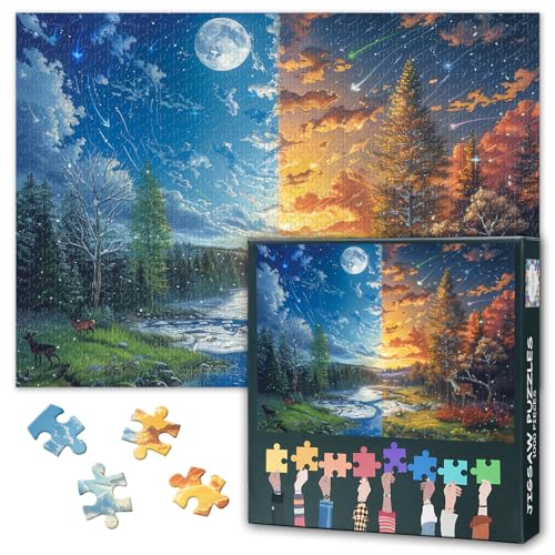 Sceneries 1000 Teile Puzzles für Erwachsene, Fantasielandschaft mit einem Fluss und einem Hirsch im Wald Puzzle 1000 Teile, Imaginary Landscapes Impossible Puzzle, 50x70 cm von TISHIRON