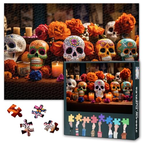 Schädel 1000 Stück Puzzles für Erwachsene, Zucker Skelett mit bunten Blumen Jigsaw Puzzles 1000 Stück, schwierige unmögliche Herausforderungen Puzzle, 50x70 cm von TISHIRON