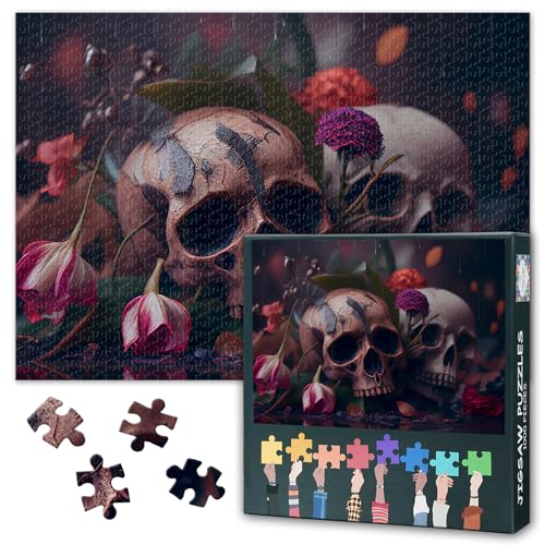 Schädel 1000 Stück Puzzles für Erwachsene, schöne Blumen, die um den Schädel Puzzles wachsen, unmöglich herausforderndes Puzzle, 50x70 cm von TISHIRON