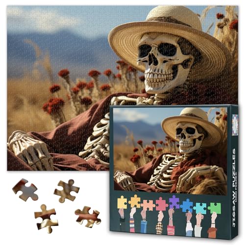 Schädel Jigsaw Puzzles für Erwachsene 1000 Stück, Bauernskelett mit Strohmüt in der Mitte von Wiese und Blumen Puzzles 1000 Stück, schwierige unmögliche Herausforderungen, 50x70 cm Schädel Jigsaw Puzzles für Erwachsene 1000 Stück, Bauernskelett mit Strohmüt in der Mitte von Wiese und Blumen Puzzles 1000 Stück, schwierige unmögliche Herausforderungen, 50x70 cm von TISHIRON