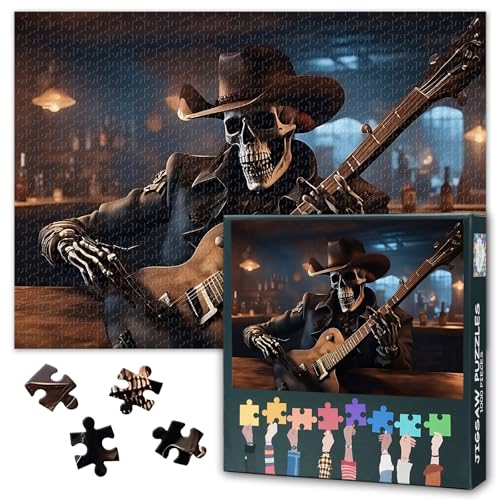 Schädel Jigsaw Puzzles für Erwachsene 1000 Stück, Cowboy Skeleton spielt die Gitarre in der Bar Puzzles 1000 Stück, schwierige unmögliche Herausforderungen, 50x70 cm Schädel Jigsaw Puzzles für Erwachsene 1000 Stück, Cowboy Skeleton spielt die Gitarre in der Bar Puzzles 1000 Stück, schwierige unmögliche Herausforderungen, 50x70 cm von TISHIRON
