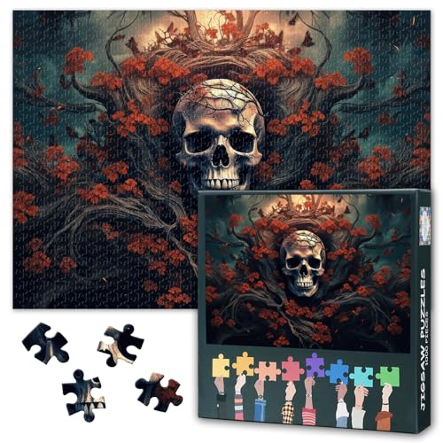 Schädel Jigsaw Puzzles für Erwachsene 1000 Stück, Schreckliche Halloween Skelett mit vielen Blumen Puzzles 1000 Stück, Schwierige unmögliche Herausforderungen, 50x70 cm Schädel Jigsaw Puzzles für Erwachsene 1000 Stück, Schreckliche Halloween Skelett mit vielen Blumen Puzzles 1000 Stück, Schwierige unmögliche Herausforderungen, 50x70 cm von TISHIRON