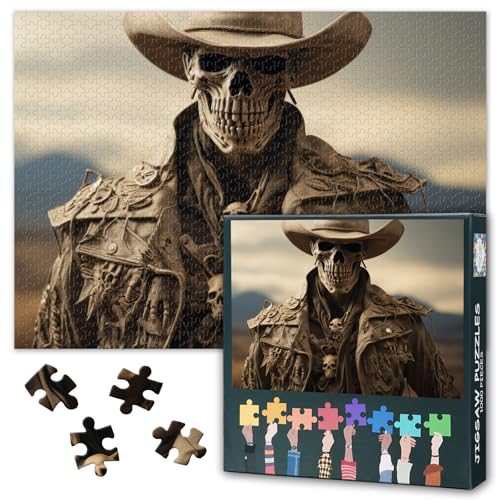 Schädel Jigsaw Puzzles für Erwachsene 1000 Stück, Skelett Cowboy mit Hut und Wüste Hintergrund Puzzles 1000 Stück, Schwierige unmögliche Herausforderungen, 50x70 cm von TISHIRON