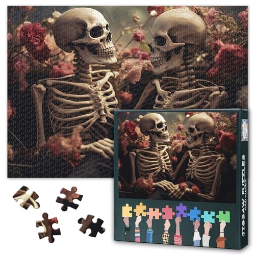 Schädel Jigsaw Puzzles für Erwachsene 1000 Stück, Skelett Paar Waren Angesicht zu Angesicht unter den Blumen Puzzle, Schwierige unmögliche Herausforderungen, 50x70 cm von TISHIRON