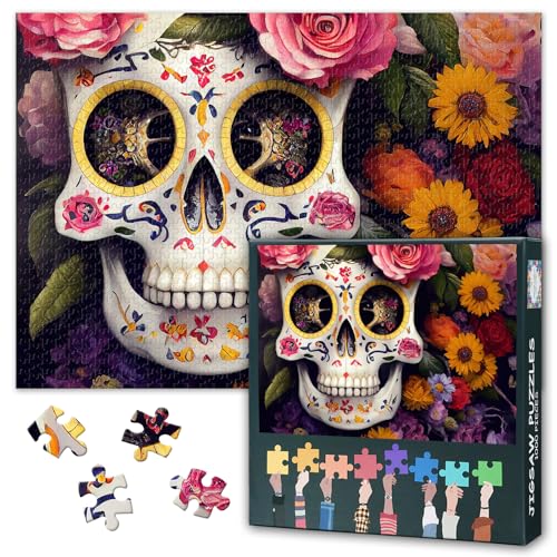 Schädel Puzzles für Erwachsene 1000 Stück, mexikanisches Zuckerskelett und Blumen Puzzles für Erwachsene, unmöglich herausforderndes Puzzle, 50x70 cm Schädel Puzzles für Erwachsene 1000 Stück, mexikanisches Zuckerskelett und Blumen Puzzles für Erwachsene, unmöglich herausforderndes Puzzle, 50x70 cm von TISHIRON