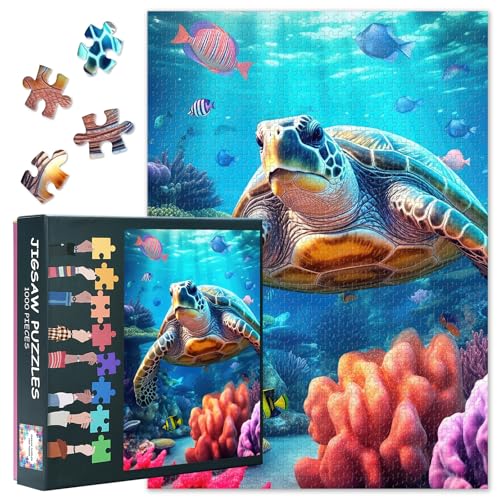 Schildkröte Puzzles für Erwachsene 1000 Stück, Meereslandschaft Puzzles, Meeresleben gefunden in bunten Korallenriff Jigsaw Puzzle 1000 Stück, 50x70 cm von TISHIRON