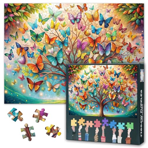 Schmetterling Baum des Lebens Puzzles für Erwachsene 1000 Stück - Elegante Bunte Baum mit lebendigen Blättern & Schmetterlinge | Premium-Puzzles 1000 Stück für Entspannung & Home Decor 27.5" x 19.6" von TISHIRON