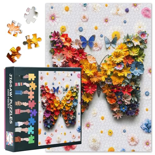 Schmetterlingskunst-Puzzle | Bunte Blumen-Schmetterlings-Puzzles mit 1000 Teilen für Erwachsene, zum Stressabbau und für Spieleabende mit der Familie, 70 x 50 cm Schmetterlingskunst-Puzzle | Bunte Blumen-Schmetterlings-Puzzles mit 1000 Teilen für Erwachsene, zum Stressabbau und für Spieleabende mit der Familie, 70 x 50 cm von TISHIRON