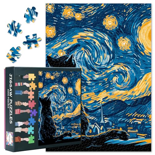 Schwarze Katze 1000 Teile Puzzle Erwachsene, Jigsaw Puzzles 1000 Stück schwierig und Herausforderung Sternennacht Thema, 27,5x19,7 Zoll Familie Puzzle Spiel Nacht Geschenk (Animals Series) von TISHIRON
