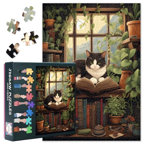 Schwarze Katze – Katze auf der Fensterbank in der Bibliothek – Grüne Pflanzen – 1000-teiliges Puzzle für Erwachsene – Anspruchsvolles Puzzle, perfekt für Spieleabende – Fertige Größe: 27 x 20 inch Schwarze Katze – Katze auf der Fensterbank in der Bibliothek – Grüne Pflanzen – 1000-teiliges Puzzle für Erwachsene – Anspruchsvolles Puzzle, perfekt für Spieleabende – Fertige Größe: 27 x 20 inch von TISHIRON