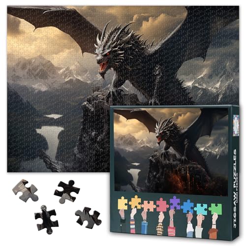 Schwarzer Drache Puzzles für Erwachsene 1000 Teile - schwer unmöglich schwierig herausfordernde Familienpuzzle, 70 x 50 cm Puzzlespiele Wildtiere, Puzzlespiel für Frauen Heimdekoration von TISHIRON