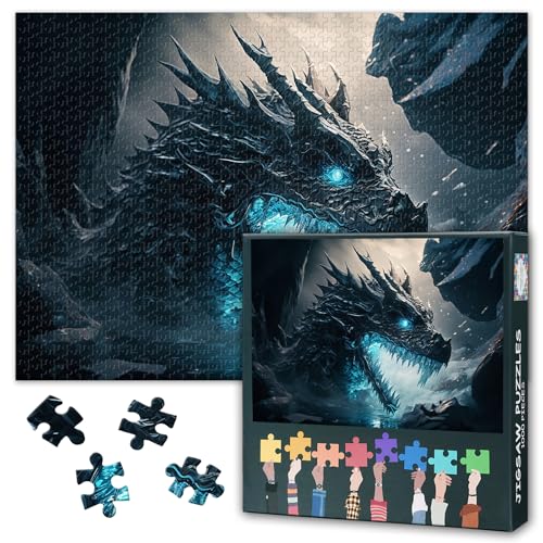 Schwarzer Drache Puzzles für Erwachsene - Puzzles 1000 Teile für Erwachsene, 70 x 50 cm Drachenbrüllen Kunst schwierig und Herausforderung Puzzle-Spiel für Wohnzimmer Wanddekoration von TISHIRON