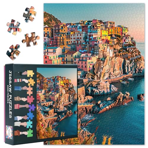 Seaside Stadt Jigsaw Puzzles 1000 Stücke für Erwachsene Bunte Häuser Jigsaw Puzzles Herausfordernd,Lebendiges Detail Ideal für Puzzle Enthusiasten Home Wand Dekoration Größe: 70x50cm von TISHIRON