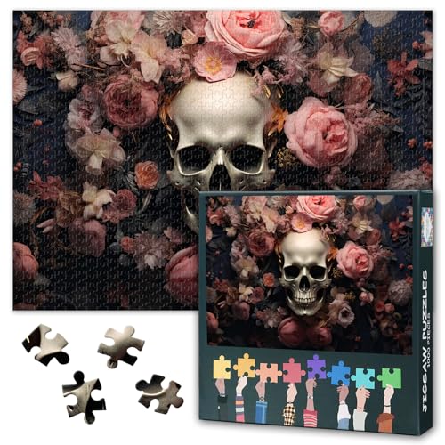 Skelett Jigsaw Puzzles für Erwachsene 1000 Stück, schöne Halloween Schädel dekorierte Pionien und Rosen Blumen Puzzle, schwierige unmögliche Herausforderungen, 50x70 cm Skelett Jigsaw Puzzles für Erwachsene 1000 Stück, schöne Halloween Schädel dekorierte Pionien und Rosen Blumen Puzzle, schwierige unmögliche Herausforderungen, 50x70 cm von TISHIRON