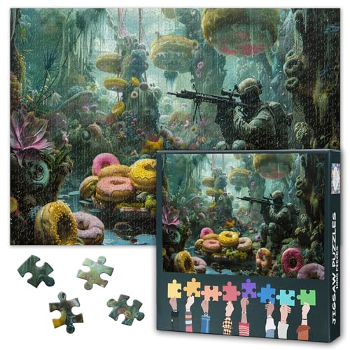 Soldat mit Gewehr in Fantasy Doughnut Dschungel Puzzles für Erwachsene 1000 Teile - Surreal Abenteuer Herausfordernde Puzzles | Premium Puzzle 1000 Teile für Entspannung & Home Decor 27.5"x19.6" von TISHIRON