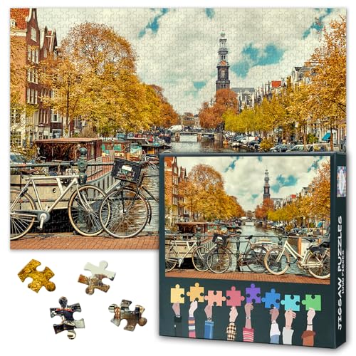 Stadtpanorama Puzzle 1000 Teile für Erwachsene - Amsterdam Grachten & Fahrradkulisse, Premium Europäische Stadtkunst mit Herausforderndem Design (70x50 cm) von TISHIRON