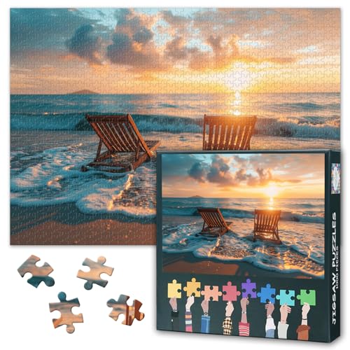 Strandkunst-Puzzle | Natürliche Landschaft mit Sonnenuntergang am Strand über dem Meer Puzzles 1000 Teile für Erwachsene Design zum Stressabbau und für Familien-Spieleabende von TISHIRON