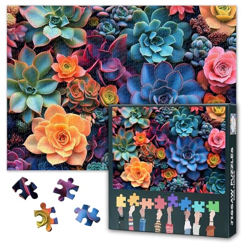 Sukkulenten Puzzle 1000 Teile Erwachsene - Mosaik Wüstenpflanzen Kunst, Premium Puzzlebrett - 27.5x19.7 Zoll von TISHIRON