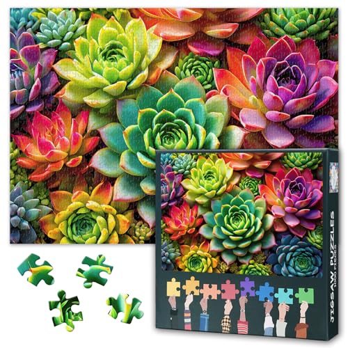 Sukkulenten Puzzle 1000 Teile für Erwachsene - Regenbogenfarbene Botanik Kunst | Herausforderndes Pflanzenliebhaber Puzzle 70x50 cm von TISHIRON