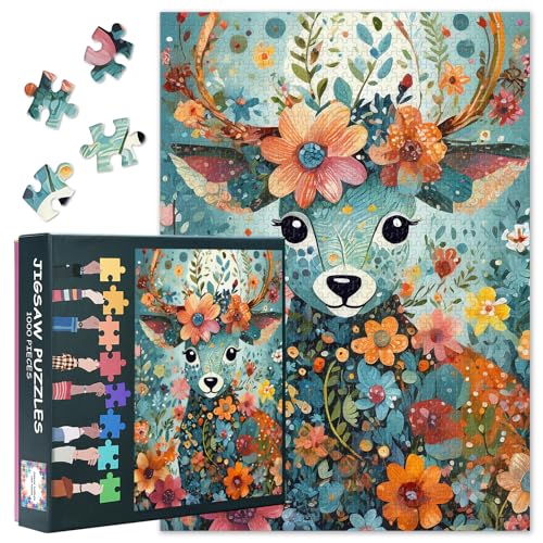Tier Aus Blumen Puzzles Für Erwachsene 1000 Stück Hirsch Herausfordernde Puzzles Für Familie Freunde Spiel Nächte Blume Tier Kunst Jigsaw Puzzle Als Geschenk Haus Dekor 70cmx50cm von TISHIRON