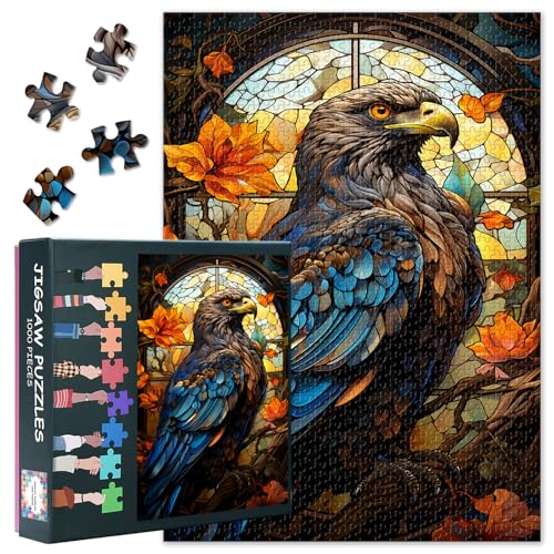 Tier-Puzzles für Erwachsene, 1000 Teile, Buntglas-Stil mit dem Bild eines Adlers der Herbstblätter, Puzzle, Impossible Challenging, 19,5 x 27,5 Zoll von TISHIRON