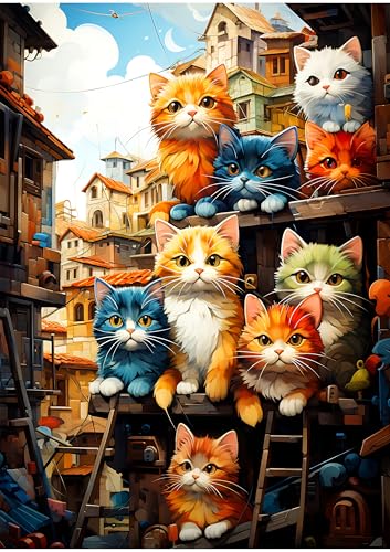 Tiere Puzzles für Erwachsene 1000 Teile, Katzengruppe auf Holzregal sitzend Puzzle, unmögliche Herausforderung, schwierige Puzzles für Erwachsene, 50x70 cm von TISHIRON
