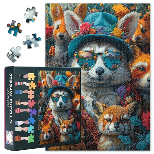 Tierpuzzles für Erwachsene, 1000 Teile, Waschbär mit Sonnenbrille und Hut, Puzzle, herausforderndes Erwachsenen-Puzzle, Puzzle als Heimdekoration, fertige Größe 50 x 70 cm von TISHIRON