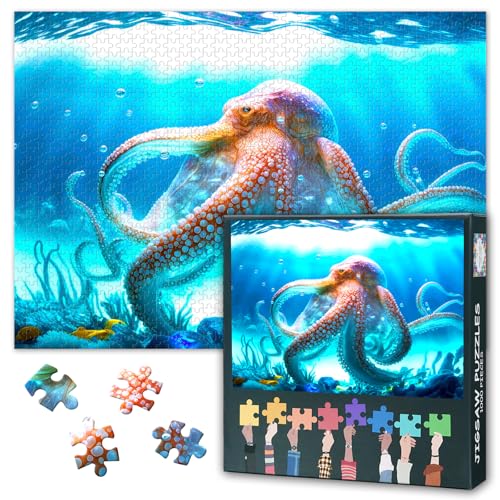 Tintenfisch-Puzzle 1000 Teile - Premium Puzzles Erwachsene Naturgetreu Oktopus im Pazifischen Ozean, 50x70 cm faszinierendes Meereslebewesen-Motiv von TISHIRON