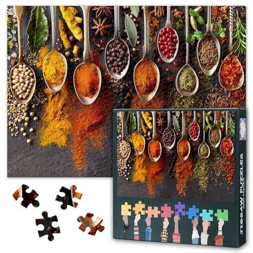Top Erwachsenenpuzzle 1000 Teile - Gewürze in Löffeln: Neon Kräuter & Gewürze Kunst für Food-Liebhaber - Premium Puzzle 27.5x19.7 Zoll von TISHIRON