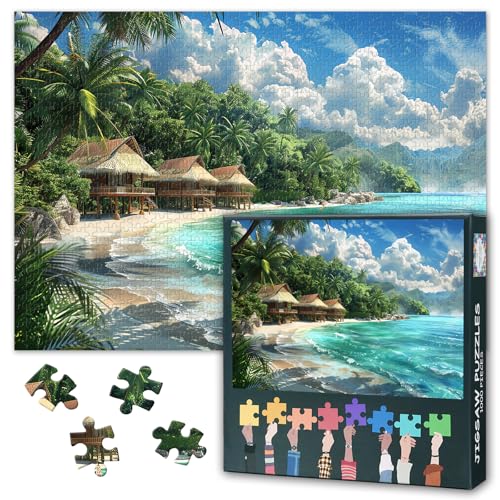 Tropischer Strand 1000 Stück Puzzle für Erwachsene Palmenhäuser und das Meer Puzzle Home Wanddekoration Jugendliche Familie Herausforderung Spiel Geeignet für Spiel Nächte Größe: 70x50cm von TISHIRON