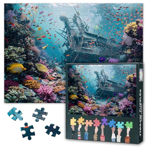 Unterwasser Welt 1000 Stück Puzzle für Erwachsene Unterwasser versunken Schiffswrack Puzzles Herausfordernde Puzzles Geeignet für Spielnächte für Heimschlafzimmer Flur Dekoration Größe: 70x50cm von TISHIRON