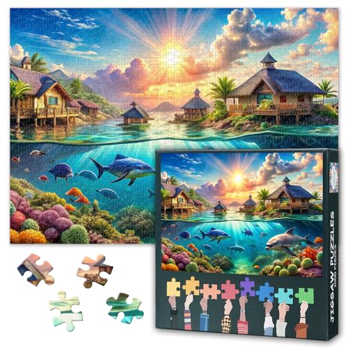 Unterwasserwelt Puzzles 1000 Teile, Wasserhaus Puzzle Erwachsene, 1000 Teile Puzzles für Erwachsene, 70 x 50 cm Puzzle Impossible Geschicklichkeitsspiel für die Ganze Familie von TISHIRON