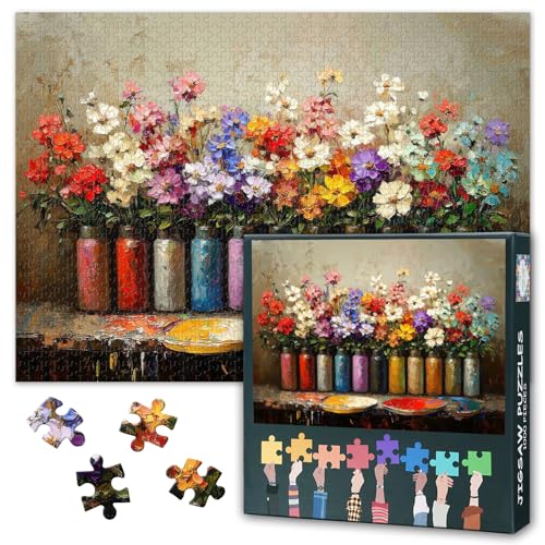 Vase 1000-teiliges Puzzle für Erwachsene, Puzzles 1000 Teile, schwierig und herausfordernd, Blühende Bunte Blumen, 70 x 50 cm, Familien Puzzle Spiel Abend & Wohnkultur (Blossom Serie) von TISHIRON
