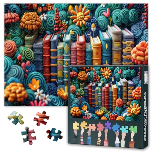 Vintage Bücherregal Puzzle 1000 Teile - Abstrakte Buchbinderei mit Blumen, 50x70 cm Detailreiches Premium-Puzzle für Erwachsene, Sammlerstück für Buchliebhaber von TISHIRON